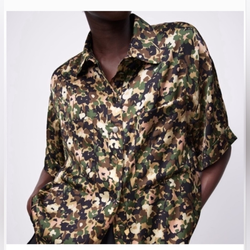 Zara Camouflage Print Blouse - Green, Brown, Black